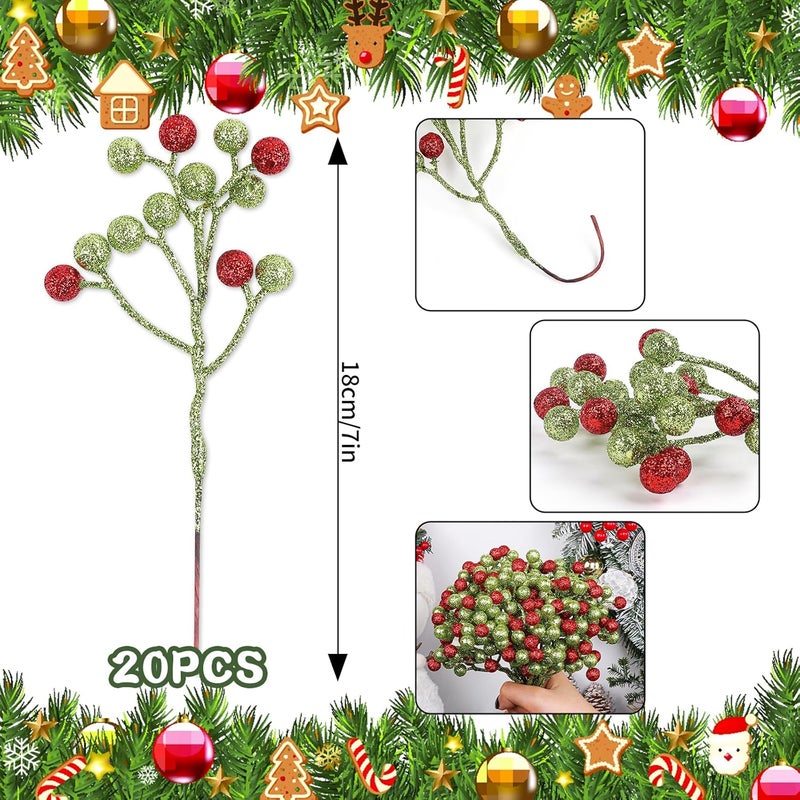 Fangoo 20 Pack 7 Inch Artificial Green Red Berry Picks for Christmas Tree Burgundy Green Red Berries Stems Holly Berry Branches Ornaments Wreath Crafts Wedding Holiday Season Winter Home Decor - Image 3